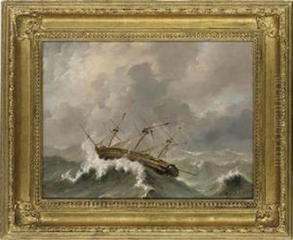 A Dismasted Frigate Wallowing In The Gale Oil Painting by Petrus Jan Schotel