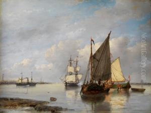 Segelschiffe Und Dampfer In Einer Bucht Nahe Dem Ufer Oil Painting by Petrus Jan Schotel