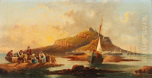 St. Michael's Mount, With Figures And Boats To The Foreground Oil Painting by Anton Schoth