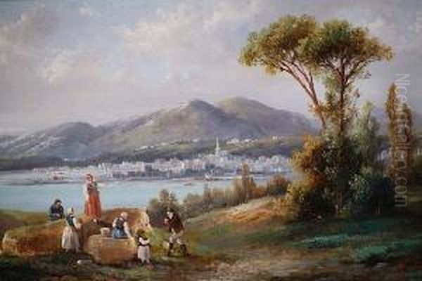 A River Landscape With Figures On The Bank Oil Painting by Anton Schoth