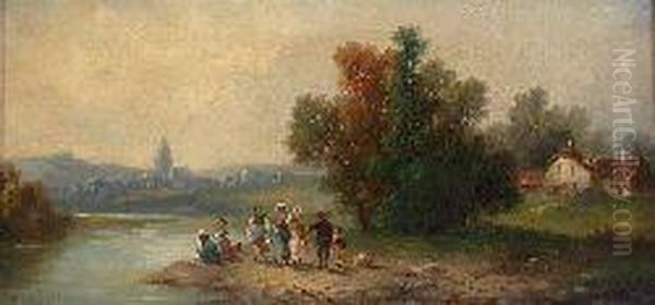 Figures On The Banks Of A River Oil Painting by Arthur Schott