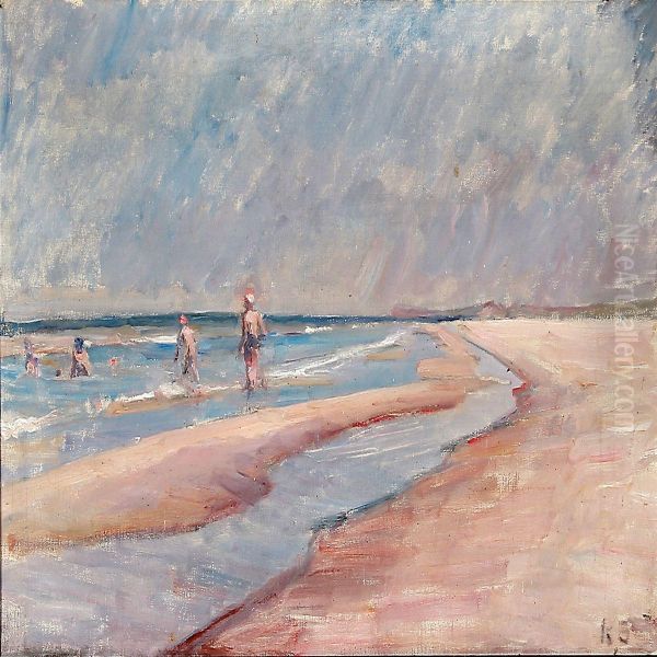 People On A Beach Oil Painting by Carl Schou