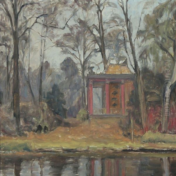 Landscape With Pavilion By A Lake Oil Painting by Carl Schou