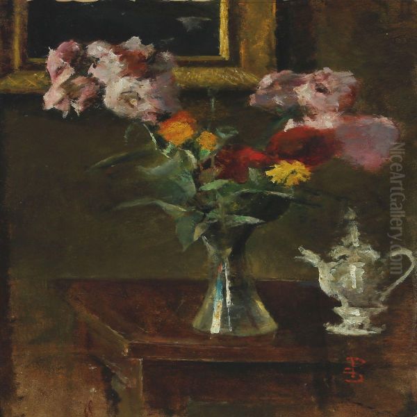 Still Life With Flowers And Flagon Oil Painting by Peter Alfred Schou