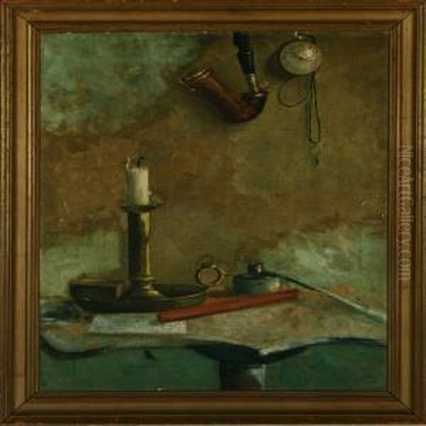 Still Life With Candlestick, Pipe, Clock And Varnish Oil Painting by Peter Alfred Schou