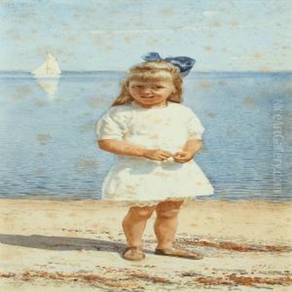 Portrait Of Young Girl At The Beach Oil Painting by Peter Johan Schou