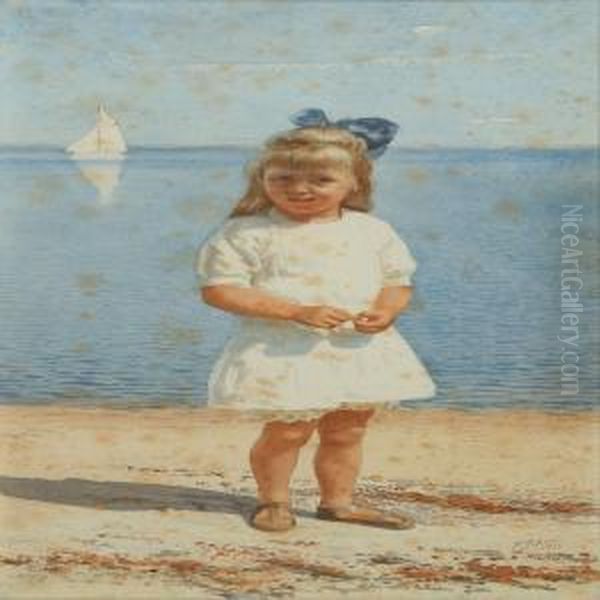 Portrait Of Young Girlat The Beach Oil Painting by Peter Johan Schou