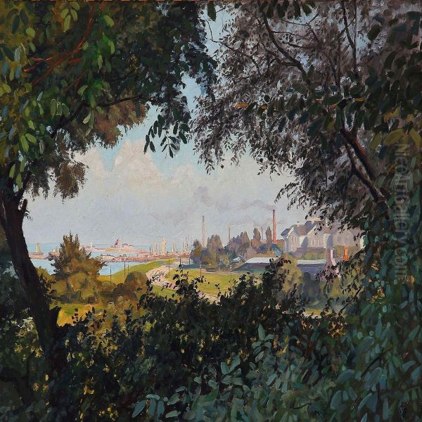 View From A Forest To Svanemollebugten Bay Oil Painting by Sigurd Solver Schou