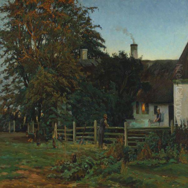 Small Talk By The Fence In The Evening Light Oil Painting by Sigurd Solver Schou