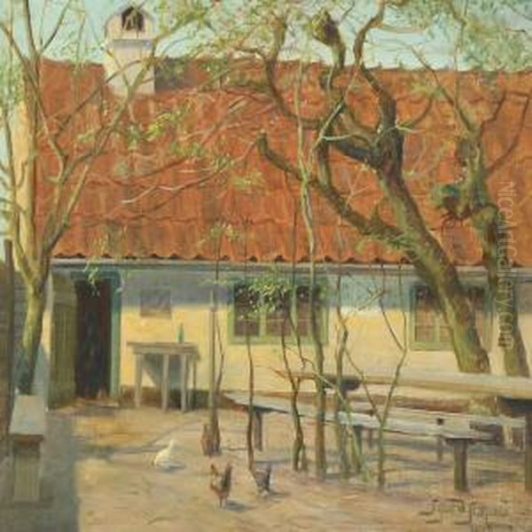 Yard With Chickens Oil Painting by Sigurd Solver Schou