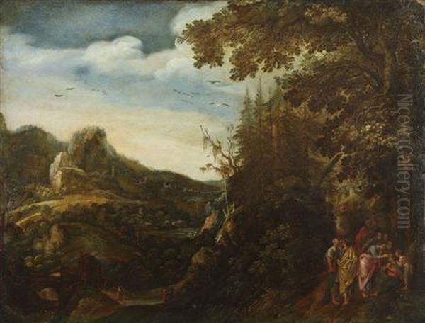 A Wooded Landscape With Christ Healing A Blind Man Oil Painting by Pieter Schoubroeck