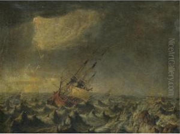 Ships In A Storm Floundering On Rocks Oil Painting by Johan Tietrich Schoultz