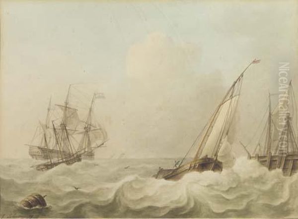 Shipping In Heavy Sea, A Breakwater To The Right Oil Painting by Isaak Schouman