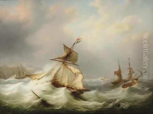 Dutch And British Vessels Caught In Rough Seas Oil Painting by Martinus Schouman