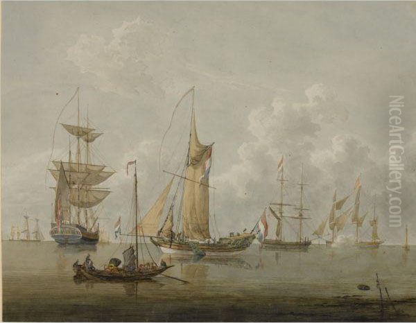 Sailing Vessels In A Calm Oil Painting by Martinus Schouman