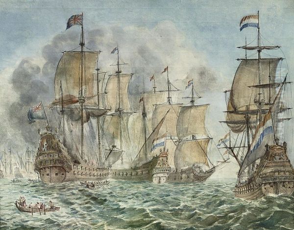 A British And Dutch Naval Battle Oil Painting by Martinus Schouman