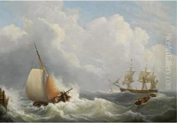 Sailing Vessels Off The Coast Oil Painting by Martinus Schouman