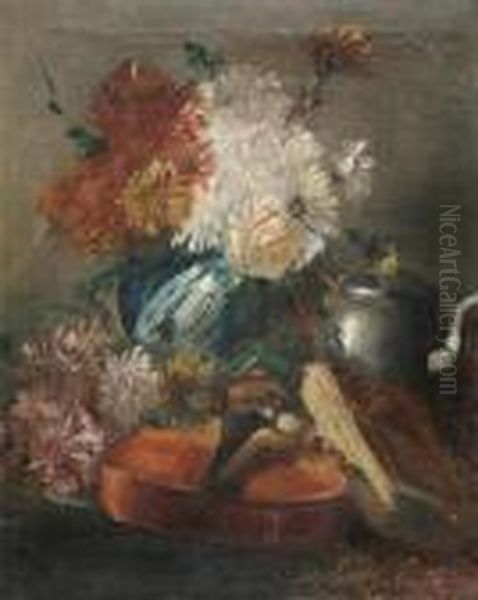 Still Life With Flowers, Violin And Pewter Jug. Oil Painting by Cornelia Schouten