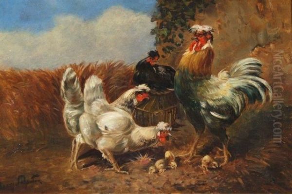 Cockerel And Chickens Outside Around A Nest Oil Painting by Henry Schouten