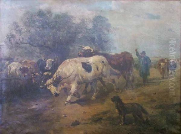 Driving Cattle Oil Painting by Henry M. Schouten