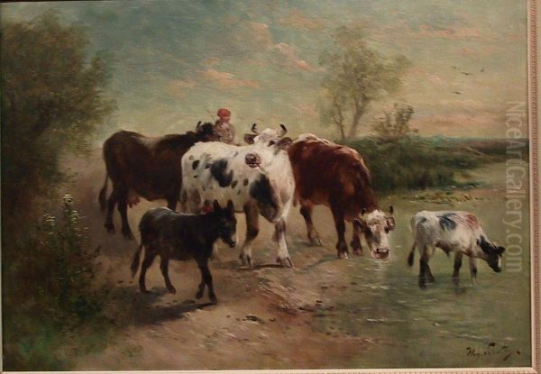 Category: Painting
 Description:koeien Aan De Drinkplaats Oil Painting by Henry M. Schouten