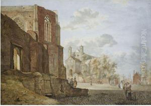 View Of A City Square, With The Ruined Weidenbach Cloister To Theleft And St. Panteleon, Cologne, Behind, After Van Der Heyden Oil Painting by Hermanus Petrus Schouten