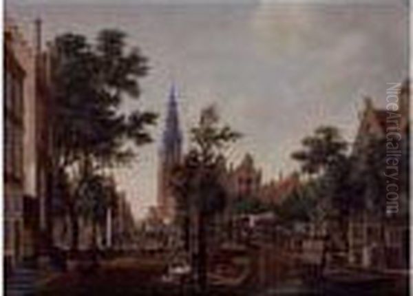 View Of The Groeburgwal, Amsterdam, With The Zuiderkerk In The Distance Oil Painting by Hermanus Petrus Schouten