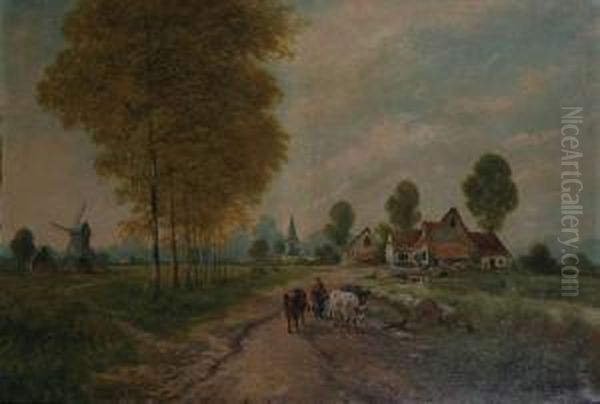 Boerin Met Koeien Op Landweg Oil Painting by Paul Schouten