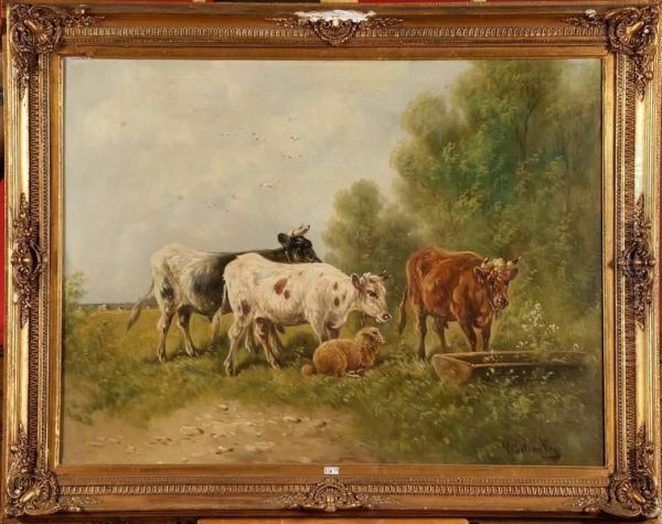 Vaches Et Mouton A L'abreuvoir Oil Painting by Paul Schouten