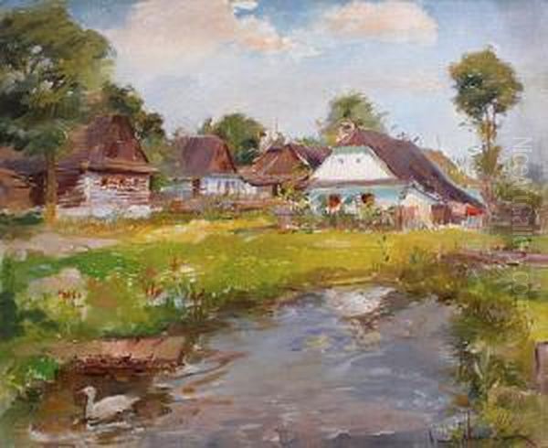 Cottages By A Pond Oil Painting by Emil Schovanek