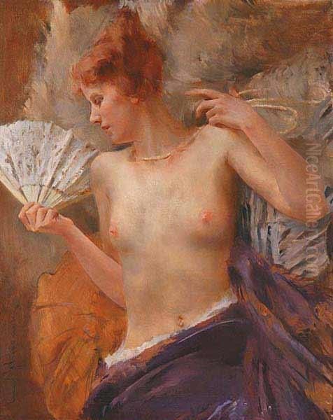 A Semi-nude Woman With A Fan Oil Painting by Emil Schovanek