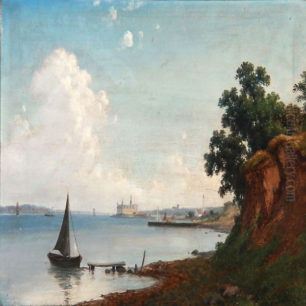 At Hellebaek Coast With A View Towards Kronborg Castle Oil Painting by Axel Thorsen Schovelin