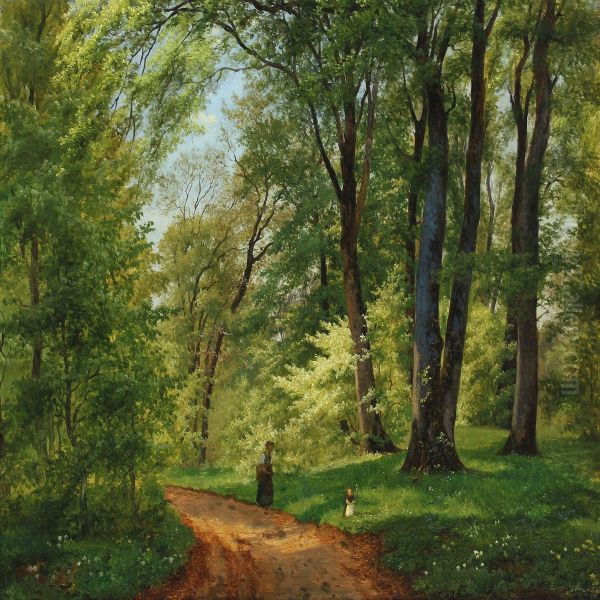 Forest Scenery With Mother And Child Picking Flowers Oil Painting by Axel Thorsen Schovelin