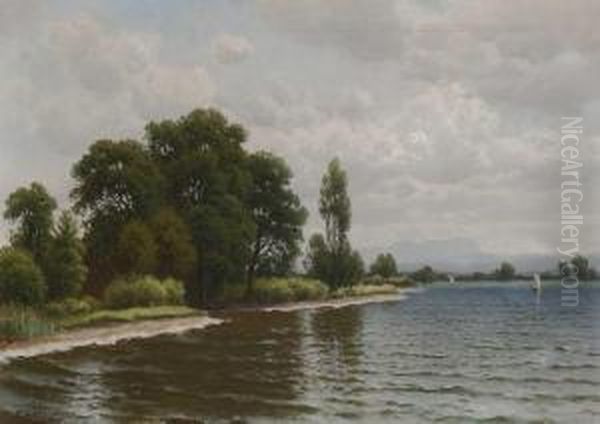 Seeufer Mit Segelbooten Oil Painting by Josef Schoyerer