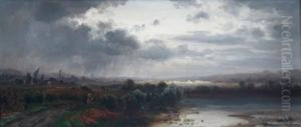 Weite Bayerische Landschaft Im Vordergrund Oil Painting by Josef Schoyerer