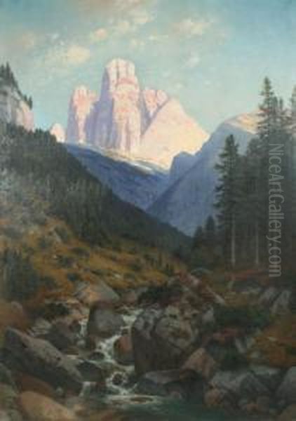 Tre Cime Di Lavaredo - Rienza, Dolomiti Oil Painting by Josef Schoyerer