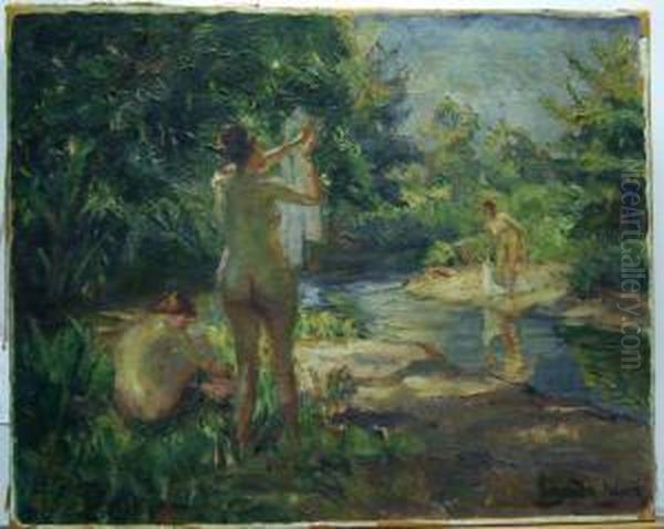 Badande Kvinnor. Oil Painting by Carl Hans Schrader-Velgen