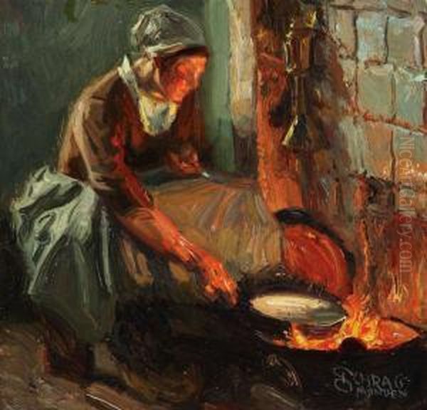 Interior With Woman Cooking Over Open Fire Oil Painting by Julius Schrag