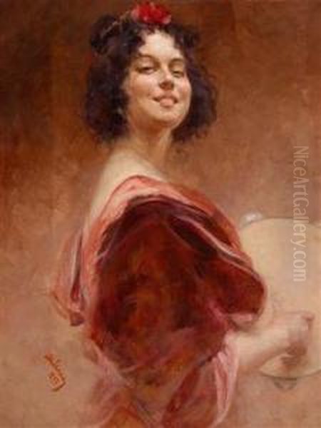 Gypsy Womanwith Tambourine Oil Painting by Alois Hans Schramm