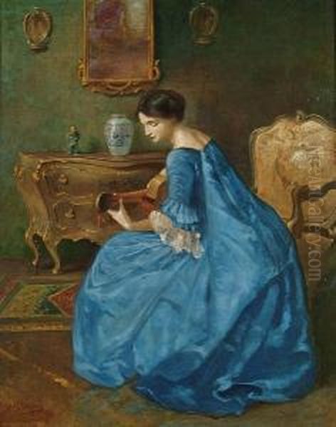 Girl In Blue With Guitar Oil Painting by Viktor Schramm