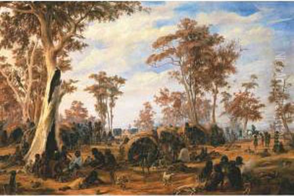 Adelaide, A Tribe Of Natives On The Banks Of The River Torrens Oil Painting by Alexander Schramm