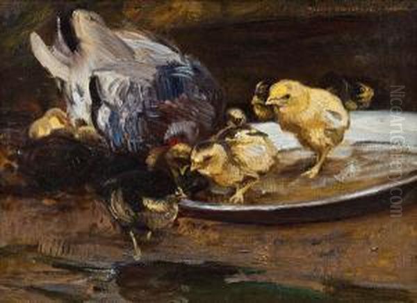 Huhn Mit Kuken Oil Painting by Rudolf Schramm-Zittau