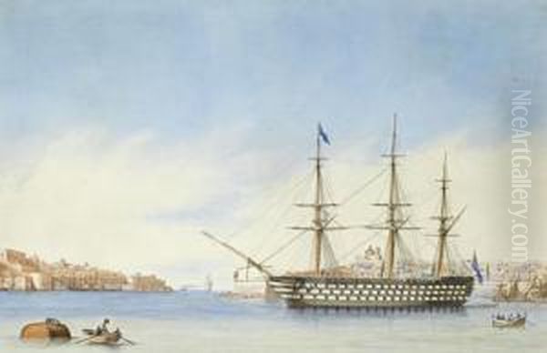 H.m.s. Queen Lying In Grand Harbour, Valetta Oil Painting by Anton Schranz