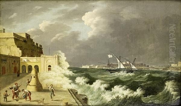 The Grand Harbour From Barbierra Wharf Oil Painting by Anton Ii Schranz