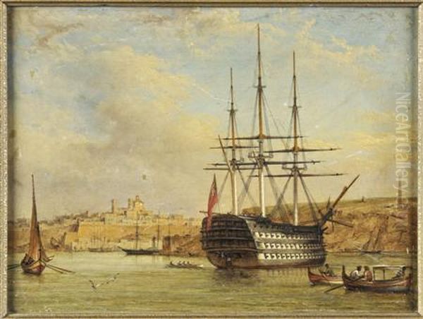 H.m.s Trafalgar At The Entrance To Valetta Harbour Oil Painting by Giovanni Jean Schranz