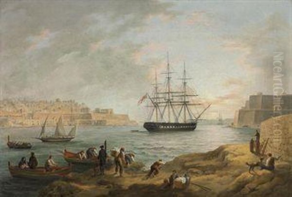 H.m.s. 
Portland 
 In The Harbour Of Malta Oil Painting by Johann Schranz