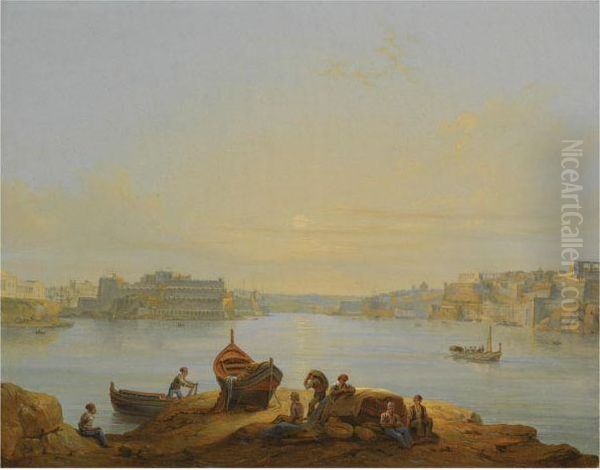 A View Of Of The Grand Harbour At Valletta, Malta Oil Painting by Johann Schranz