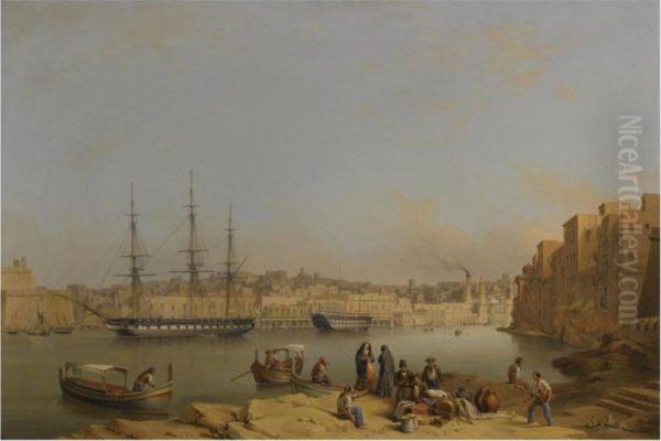 Hms Leander At Anchor In Dockyard Creek, Valetta Harbour, Aman-of-war Being Fitted Out Beyond Oil Painting by Johann Schranz