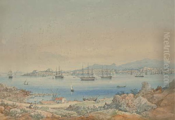 A View Of Corfu Harbor From The Mainland With The Fleet At Anchor Oil Painting by Josef Schranz