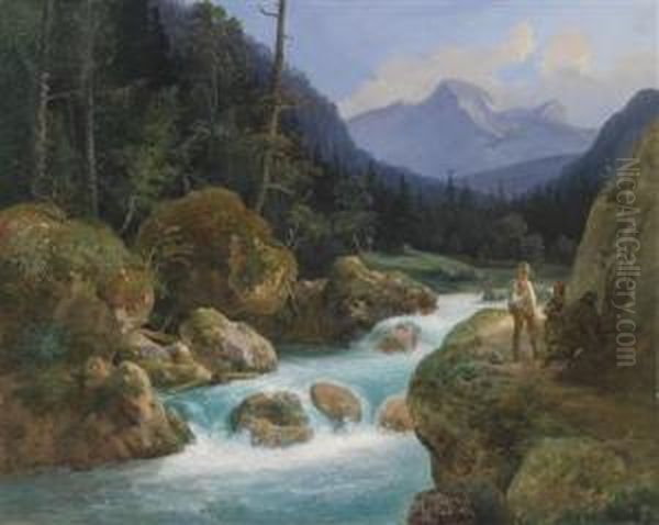 Mountainlandscape With Decorative Figures Oil Painting by Ludwig Schrattenbach